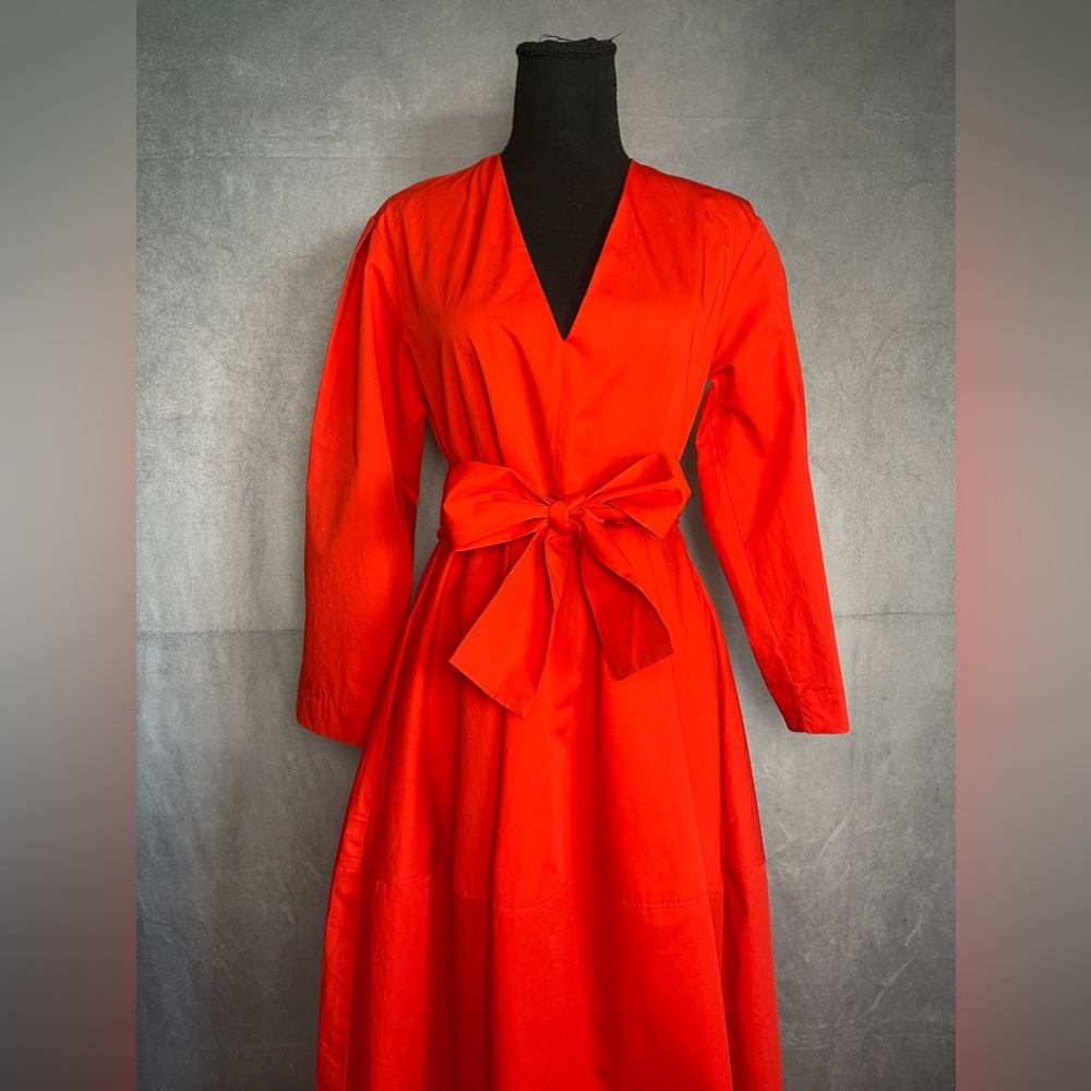 Red Midi Wrap Dress with Balloon Sleeves - Picture 2 of 10